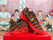 Angled view highlighting the textured upper, side swoosh, laces, and red outsole.