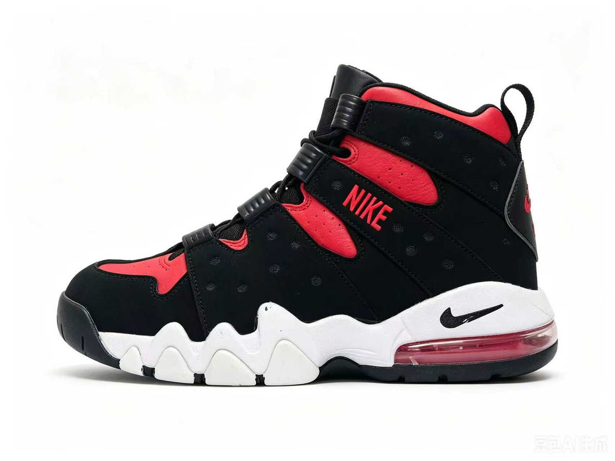 Side view of a black and red Nike high-top sneaker with a white sculpted midsole and heel cushioning window