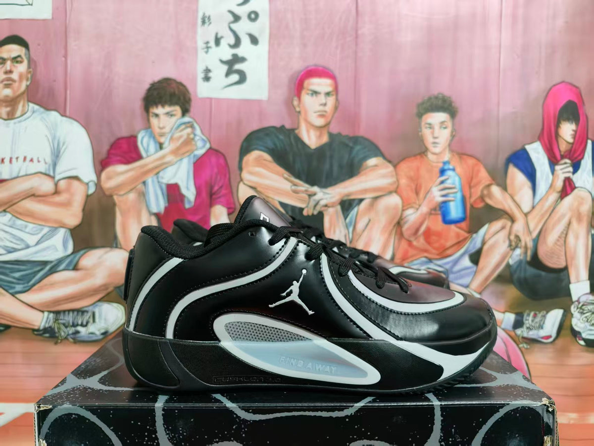 Black and grey Jordan basketball sneaker shown in profile
