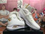 Angled view of white high-top basketball shoes with gold accents and a stylized 30 side mark