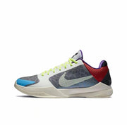 White and gray Nike Kobe 5-style basketball shoe with lime green laces and a multicolor heel.