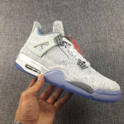 Angled side view of one Jordan Air Jordan 4 sneaker showing pale green side supports, metallic-looking midsole accents, and a blue outsole.