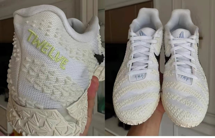 Pair of white textured sneakers shown from a side angle and from the front, with green side lettering, tonal laces and patterned outsoles.