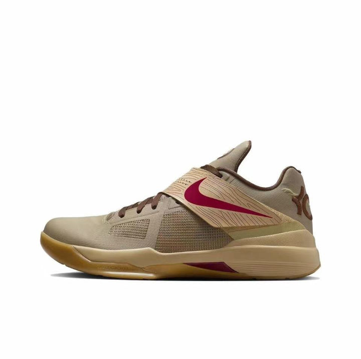 Tan Nike basketball sneaker with burgundy accents, a broad side strap, and a gum-colored outsole.