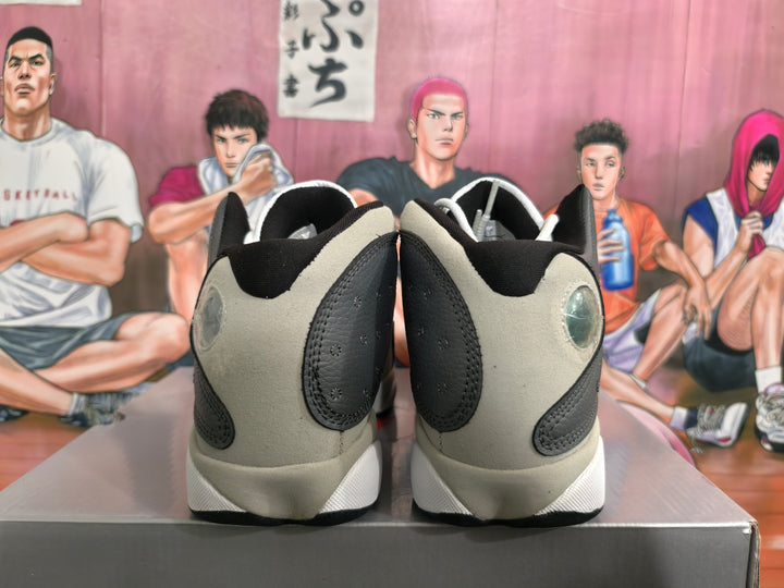 Rear view of gray, black, and white Jordan basketball sneakers showing the heel details.