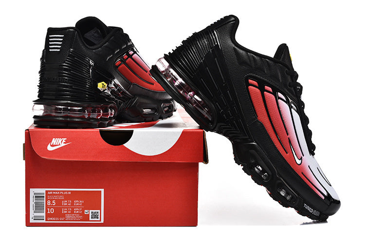 Black, white, and red Nike Air Max Plus III sneakers displayed with a red Nike shoe box; the box label shows sample size EU 42.