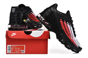 Black, white, and red Nike Air Max Plus III sneakers displayed with a red Nike shoe box; the box label shows sample size EU 42.