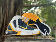 Nike Kobe 2K5 shoes shown with the patterned yellow, white, and navy outsole