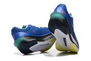 Blue Nike Zoom Fly 6 shoes showing black, white, and yellow outsole details