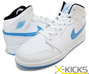 Promotional-style image of the white and blue high-top sneaker pair from a three-quarter angle.