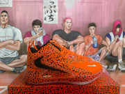 Side view showing the orange leopard-print upper, black Swoosh detail, and “JUST DO IT” text.