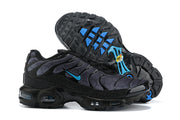 Nike Air Max Plus sneakers shown from the side and outsole, with blue outsole details.
