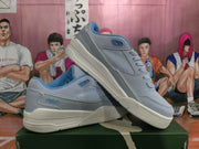 Angled view of a pair of blue and gray low-top sneakers with padded collars, lace-up fronts, and visible side detailing.