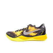 Black and yellow Kobe 8 sneaker with a patterned upper and bright yellow sole.