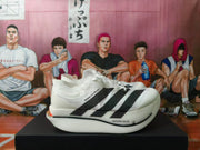 Side view showing the Adizero Adios Pro Evo 3 text and black stripes