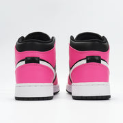 Rear view of the hot pink and black high-top sneakers showing padded collars, white midsoles, and black outsoles.