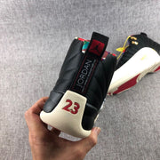 Rear view showing the padded black heel, multicolor collar trim, Jordan tongue label, and red 23 detail.