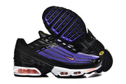 Black and purple Nike Air Max Plus III sneakers shown from the side and outsole.