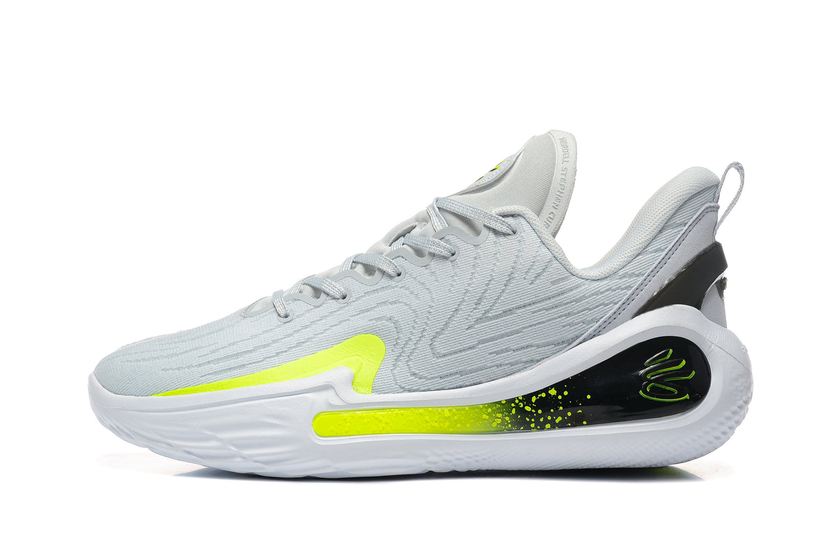 Side view of light grey Nike LeBron basketball shoes with white soles and bright volt accents.