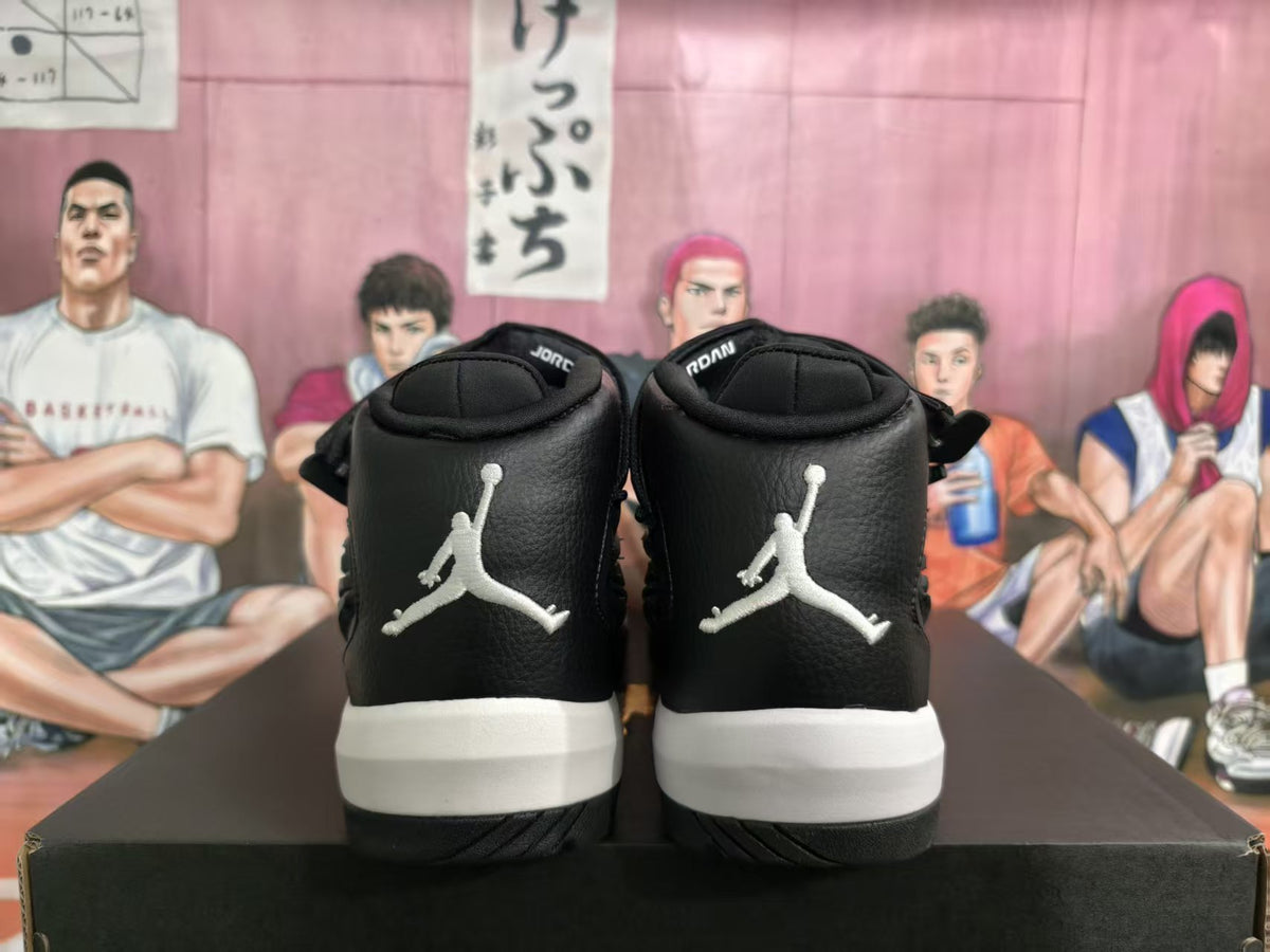Rear view of black high-top Jordan basketball-style sneakers with white Jumpman heel logos and white midsoles.
