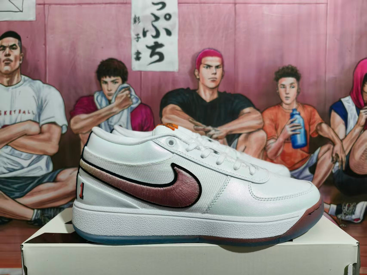Side view of a white low-top sneaker with a burgundy swoosh-style side accent and contrasting outsole.