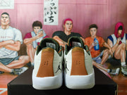 Rear view of the shoes showing brown heel panels and Jumpman marks.