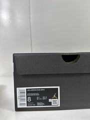 Black shoebox label identifying AIR JORDAN DUB ZERO, color WHITE/TRUE RED-BLACK, style code 311046 160, and photographed size US 8, UK 7, EU 41, CM 26.