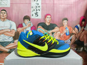 Side profile of a blue and black Nike basketball sneaker with a bright yellow Swoosh, heel, and midsole.