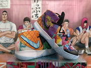 Angled view of the colorful Nike basketball sneakers displaying orange, purple, green, and multicolor graphic panels.