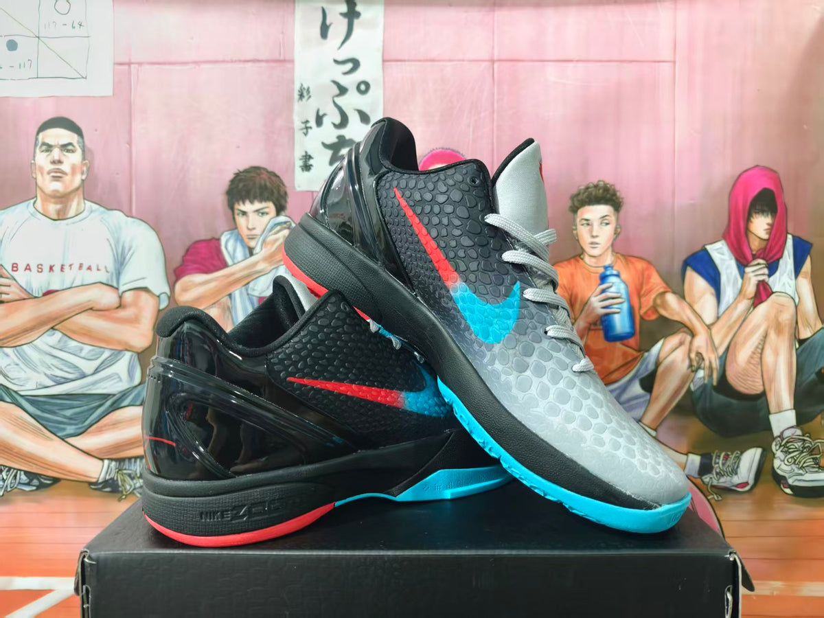 Nike Kobe basketball shoes shown from the side in gray, black, blue, and red