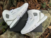 Pair of white high-tops shown from the rear and side