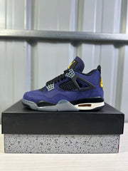 Side profile of a purple Jordan Air Jordan 4 sneaker with black laces, grey lace supports, and a cream midsole accent.