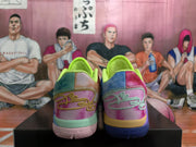 Rear view of multicolor Nike basketball sneakers with pink heels, lime collars, contrasting outsoles, and a basketball-themed illustrated backdrop.