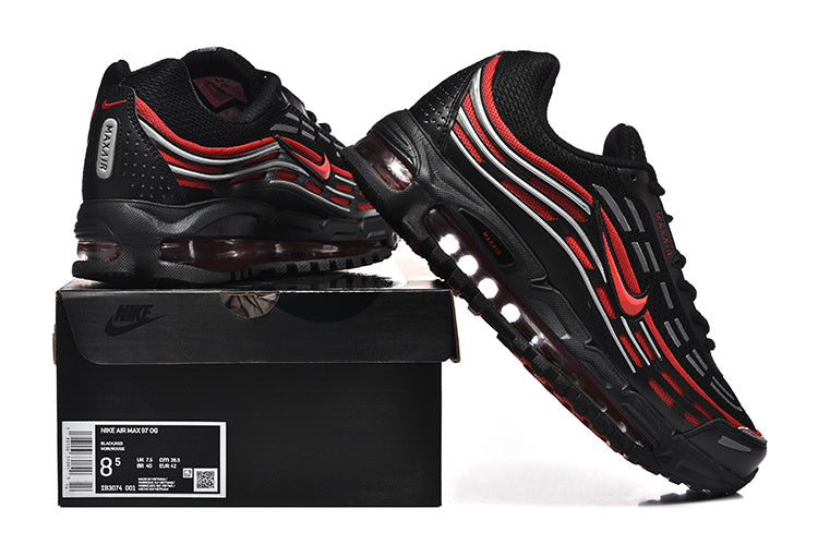 Black and red Nike Air Max 97 OG sneakers displayed with a shoe box; the box label shows a sample size.