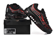 Black and red Nike Air Max 97 OG sneakers displayed with a shoe box; the box label shows a sample size.
