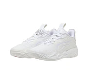 White Puma MB 4.0 basketball sneakers with tonal detailing and a white outsole.
