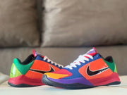 Pair of multicolor low-top basketball shoes viewed from the side