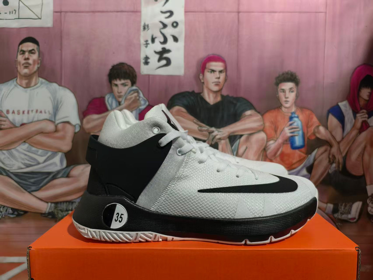 Side view of a white and black Nike KD Trey 5 X basketball shoe with a circular size 35 marker.