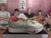 Side profile of a white and gray Nike basketball sneaker with lemon-green laces, pink collar details, and a contrasting outsole Swoosh.