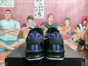 Rear view of the sneakers showing purple geometric heel panels and black heel construction.