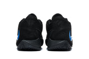 Rear view of black sneakers with blue heel-side details
