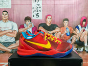 Pair of red Nike basketball sneakers with yellow Swoosh logos, yellow laces, blue outsoles, and a basketball-themed illustrated backdrop.