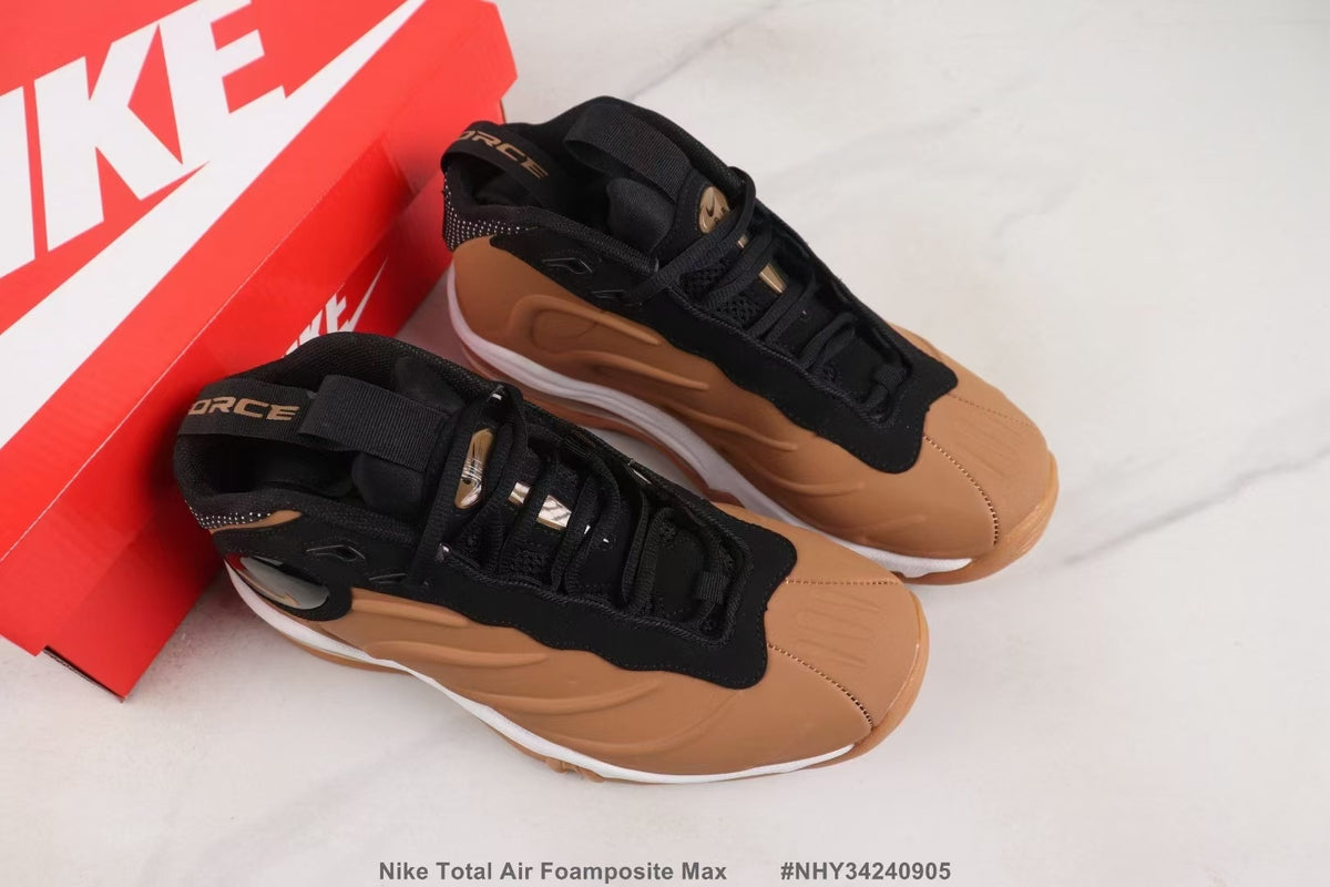 Pair of brown and black Nike Total Air Foamposite Max sneakers shown with a red shoebox