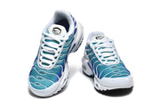 Front and top views of blue and teal Nike Air Max Plus sneakers with white laces.