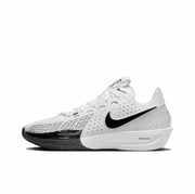 Side view of a white and black Nike GT Cut 3 sneaker with a black Swoosh and dark outsole.