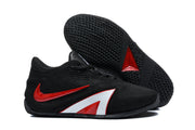 Black sneaker pair with red and white side accents and a patterned outsole