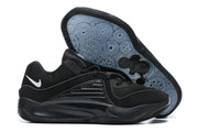 All-black Nike KD 16 shoes with a translucent blue-gray patterned outsole.