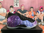 Side profile of a high-top sneaker with a glossy purple-to-blue galaxy-patterned shell, black upper, and translucent outsole.
