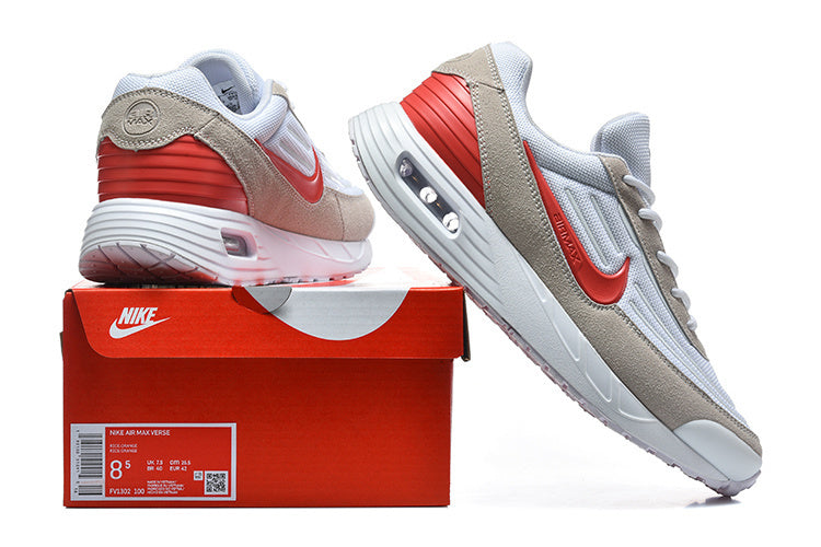 Nike Air Max Verse white and red sneakers shown with a red shoe box; the box label displays a sample size.