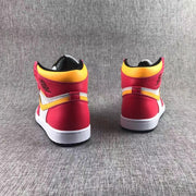 Rear view of the pair showing red heel panels, yellow collars, white midsoles and black outsoles.